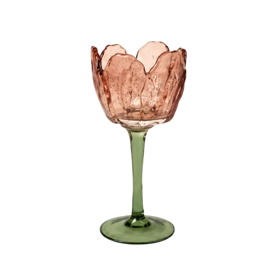 Fyrfadsstage Blomst Glas i Rosa/Grøn (9x20,5cm)