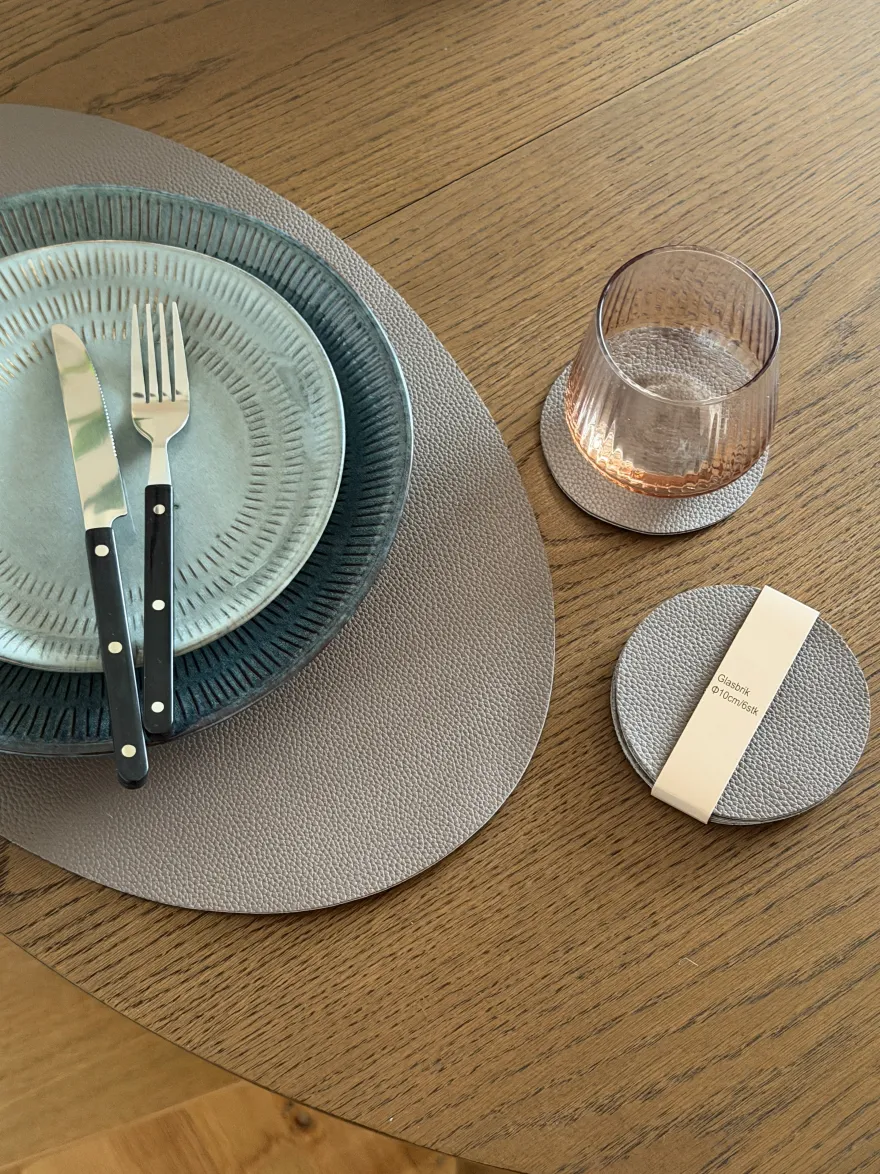 6 stk. Glasbrikker Rund i Beige/Brun PU Læder (Ø10cm)