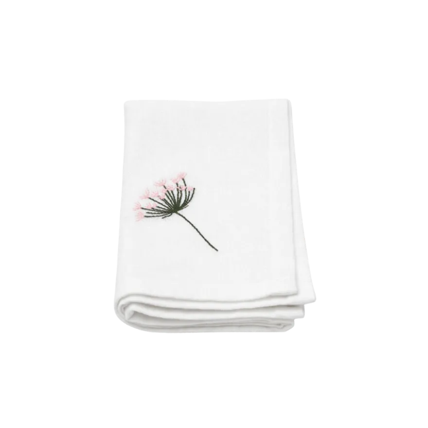 Stofserviet m. Broderet Skærmblomst i Hvid (40x40cm)