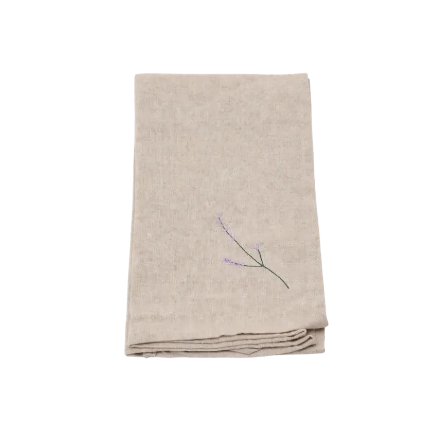 Viskestykke m. Broderet Lavendel i Camel Beige (50x70cm)