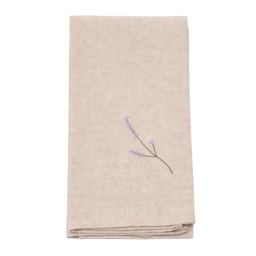 Viskestykke m. Broderet Lavendel i Camel Beige (50x70cm)
